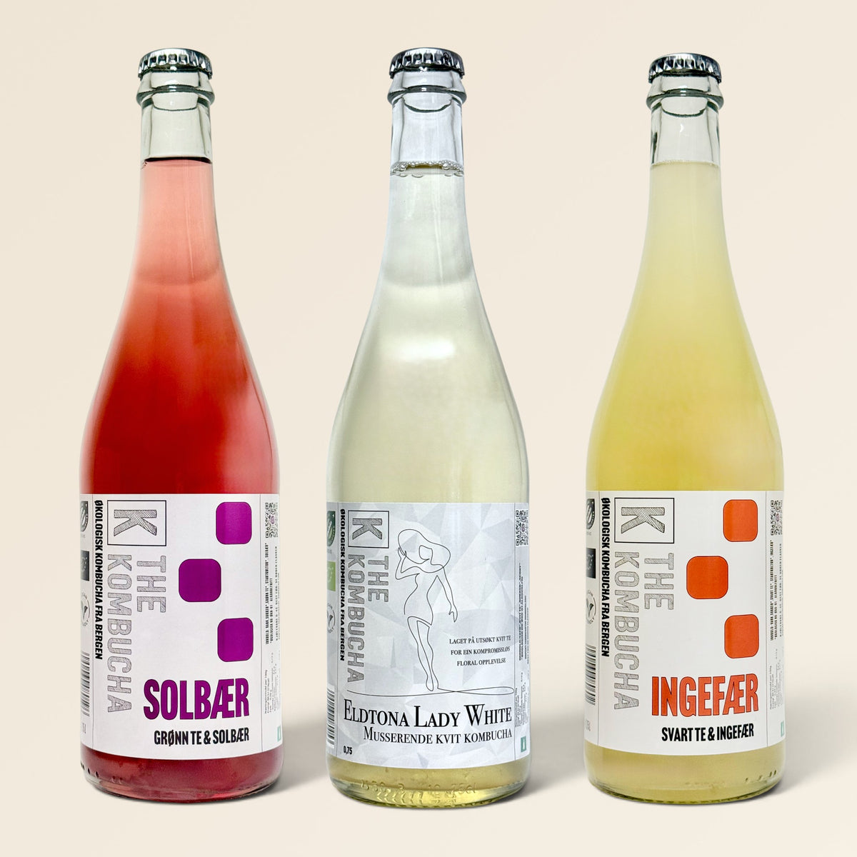 The Kombucha-pakken med tre flasker: Eldtona Lady White, Ingefær og Solbær.